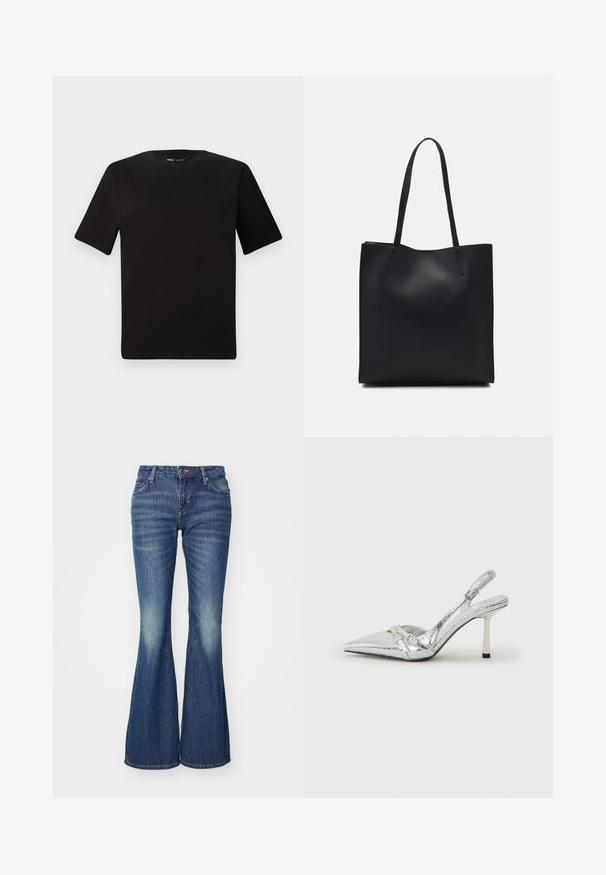 Black short-sleeve t-shirt with a round neckline, crafted from soft cotton fabric. Simple design, no visible logos or patterns.; Flared blue jeans made of denim with a light wash effect, featuring classic pockets and a single button closure.; Silver slingback high heel shoe with a pointed toe, metallic finish, two decorative straps, and a slender heel with a black tip.; Black leather tote bag with smooth texture, rectangular shape, and two long handles. No visible hardware or embellishments.; Silver heart-shaped earrings feature faceted clear stones, with a textured frame. The set includes stud and drop styles.