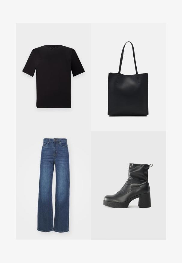T-shirt preta de mangas curtas com decote redondo, feita de tecido de algodão suave. Design simples, sem logótipos ou padrões visíveis.; Jeans de perna larga azul escuro feitos de denim. Apresenta uma cintura alta, fecho de botão e um design de cinco bolsos com detalhes sutis de desgaste.; Botas de tornozelo pretas feitas de couro liso, com fecho lateral, salto grosso texturizado e design de bico arredondado.; Bolsa tote preta em couro com textura lisa, forma retangular e duas alças longas. Sem hardware ou enfeites visíveis.