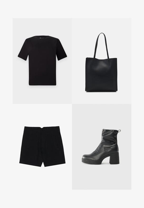 Črna majica s kratkimi rokavi in okroglim izrezom, izdelana iz mehkega bombažnega materiala. Preprost dizajn, brez vidnih logotipov ali vzorcev.; Črne kratke hlače iz gladkega materiala, z stranskimi žepi, prilega se in ima strukturirane pregibe spredaj za čist silhueto.; Črne gležnjarje iz gladke kože z božnim zadrgo, masivnim teksturiranim peto in zaobljeno obliko prstov.; Črna usnjena torba s svilnato teksturo, pravokotne oblike in dvema dolgima ročajema. Brez vidnih metalnih delov ali okrasnih elementov.