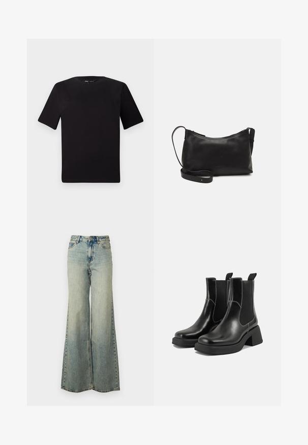Svart t-skjorte med korte ermer og rund hals, laget av mykt bomullsstoff. Enkelt design, ingen synlige logoer eller mønstre.; Lyseblå vide jeans laget av denim, med høy midje, falmet vask og sidelommer med synlige sømmer.; Sorte lær Chelsea støvler med en kraftig hæl, elastiske sidepaneler og kontrasterende hvid syning. Teksturert overflate.; Svart skinn skulderveske med glatt tekstur, buet form, justerbar stropp og glidelås. Minimalistisk design uten dekorasjoner.