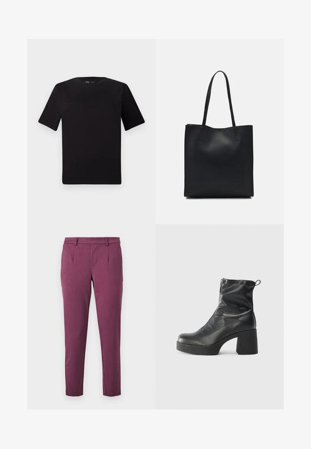 Tricou scurt negru cu mânecă scurtă și guler rotund, realizat dintr-un material de bumbac moale. Design simplu, fără logo-uri sau modele vizibile.; Pantaloni drept, de culoare prune, cu bucle pentru curea, buzunare laterale și un talie ajustată, pe un fundal alb.; Bocanci negri de glezna din piele netedă, cu fermoar lateral, toc texturat și masiv, și design cu vârf rotund.; Geantă tote neagră din piele, cu textură netedă, formă rectangulară și două mânere lungi. Fără hardware vizibil sau ornamente.