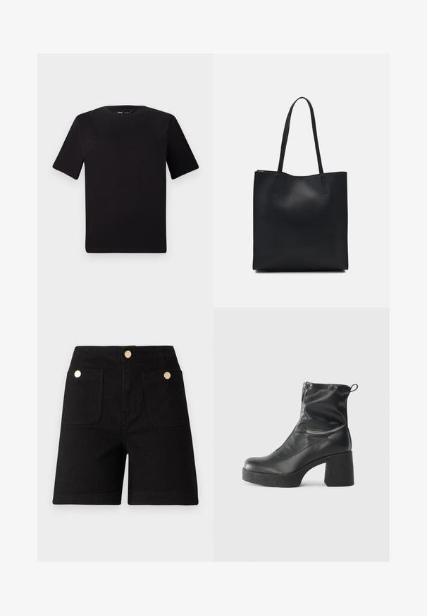Črna majica s kratkimi rokavi in okroglim izrezom, izdelana iz mehkega bombažnega materiala. Preprost dizajn, brez vidnih logotipov ali vzorcev.; Črne denim kratke hlače z visokim pasom, z dvema sprednjima žepoma in zlatimi kovinskimi gumbi za zapiranje in okrasitev. Gladka textura.; Črne gležnjarje iz gladke kože z božnim zadrgo, masivnim teksturiranim peto in zaobljeno obliko prstov.; Črna usnjena torba s svilnato teksturo, pravokotne oblike in dvema dolgima ročajema. Brez vidnih metalnih delov ali okrasnih elementov.