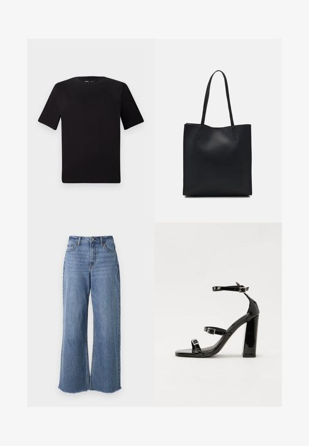 Black short-sleeve t-shirt with a round neckline, crafted from soft cotton fabric. Simple design, no visible logos or patterns.; Wide-leg blue denim jeans with a frayed hem, featuring a front zipper closure, two pockets, and a light wash texture.; Black patent heeled sandals with a square toe, ankle straps, and silver buckles. Features a chunky block heel for stability.; Black leather tote bag with smooth texture, rectangular shape, and two long handles. No visible hardware or embellishments.
