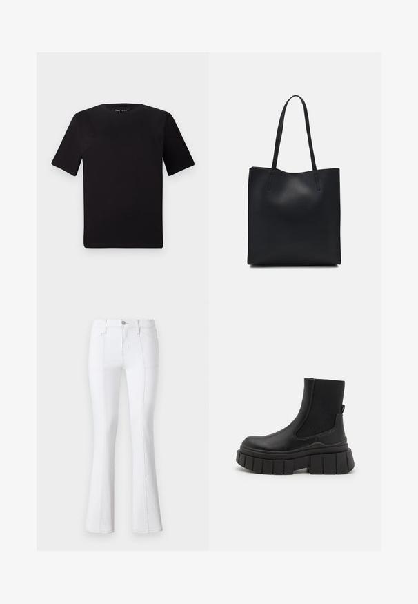 Juodas trumpas rankovės marškinėlis su apvaliu iškirpimu, pagamintas iš minkštos medvilnės medžiagos. Paprastas dizainas, be matomų logotipų ar raštų.; Balti džinsai su išplatintais galais ir aukštu liemeniu, su kontrastinėmis siūlėmis, priekinėmis kišenėmis ir užtrauktuku. Lygi, tvirta medžiagos tekstūra.; Juodos kulkšninių botų, pagamintų iš lygaus odos, su elastingais šonų elementais, masyviu platformos padu ir tekstūruotu raštu.; Juodas odinis tote krepšys su lygia tekstūra, stačiakampio formos ir dviem ilgais rankenomis. Matomų metalinių detalių ar puošybos nėra.