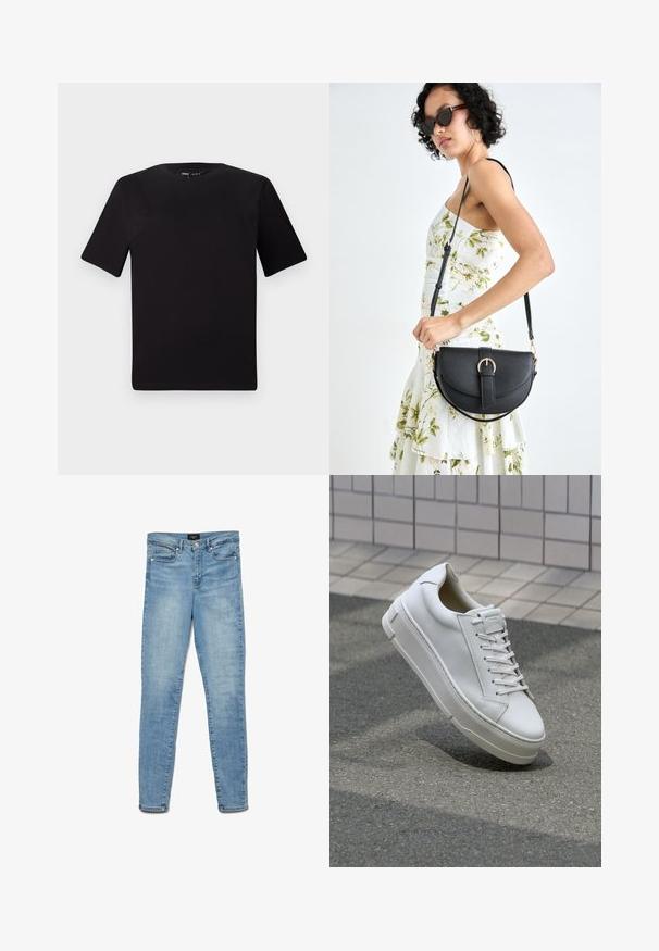 T-shirt preta de mangas curtas com decote redondo, feita de tecido de algodão suave. Design simples, sem logótipos ou padrões visíveis.; Jeans skinny desbotados de cor azul clara com botão frontal e design de cinco bolsos, dispostos sobre um fundo branco.; Sapatilhas de couro branco com um design de baixo, atacadores planos, bico arredondado e lados texturizados. Sola de borracha espessa com detalhes subtis.; Bolsa de couro preta com forma curva, alça destacável e detalhes em dourado. A bolsa possui uma aba com detalhe de fivela.
