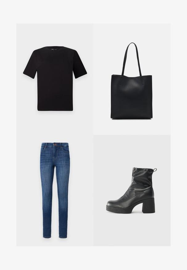 Črna majica s kratkimi rokavi in okroglim izrezom, izdelana iz mehkega bombažnega materiala. Preprost dizajn, brez vidnih logotipov ali vzorcev.; Slim-fit modri kavbojki z klasičnim petim žepom in zapiranjem na gumb, prikazanimi na beli podlagi.; Črne gležnjarje iz gladke kože z božnim zadrgo, masivnim teksturiranim peto in zaobljeno obliko prstov.; Črna usnjena torba s svilnato teksturo, pravokotne oblike in dvema dolgima ročajema. Brez vidnih metalnih delov ali okrasnih elementov.