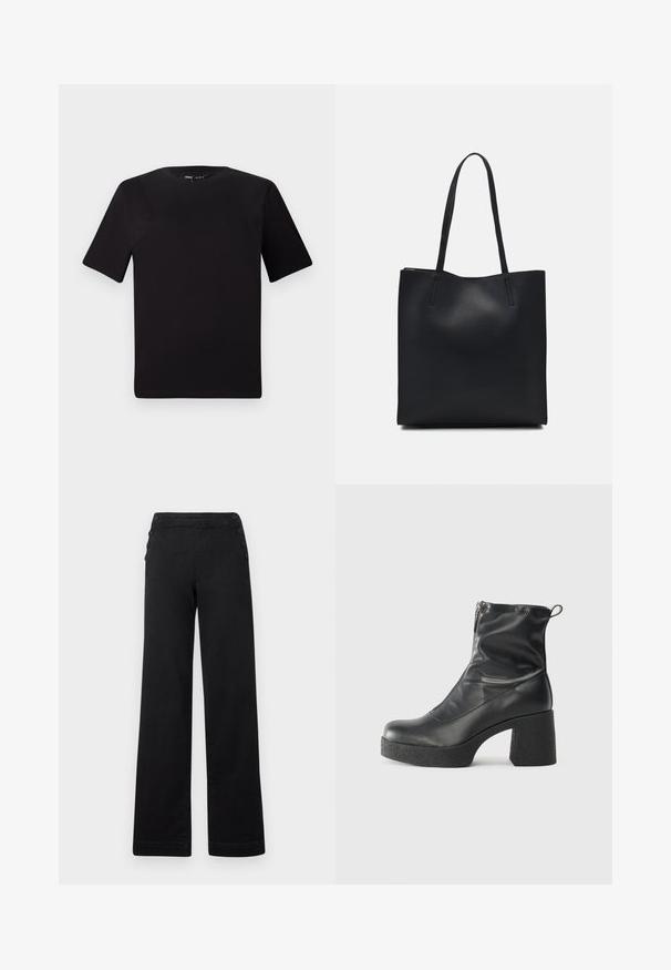 T-shirt preta de mangas curtas com decote redondo, feita de tecido de algodão suave. Design simples, sem logótipos ou padrões visíveis.; Calças largas pretas com uma cintura alta, detalhes em botão nos lados e uma textura de denims suave com um acabamento limpo.; Botas de tornozelo pretas feitas de couro liso, com fecho lateral, salto grosso texturizado e design de bico arredondado.; Bolsa tote preta em couro com textura lisa, forma retangular e duas alças longas. Sem hardware ou enfeites visíveis.