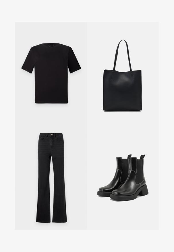 Must olema lühikeste varrukatega must t-särk ümmarguse kaelusega, valmistatud pehmest puuvillast kangast. Lihtne disain, ilma nähtavate logode või mustriteta.; Mustad kõrge vöökohaga teksapüksid eesnupukaga, vöölõngadega ja kergelt laienevate jalgadega valge tausta vastu.; Must musta Chelsea saapad, millel on paks konts, elastsed külgpaneelid ja kontrastne valge õmblus. Tekstuuriga viimistlus.; Mustast nahast kott sujuva tekstuuriga, ristkülikukujuline ja kahe pika sangaga. Pole nähtavat riistvara ega kaunistusi.