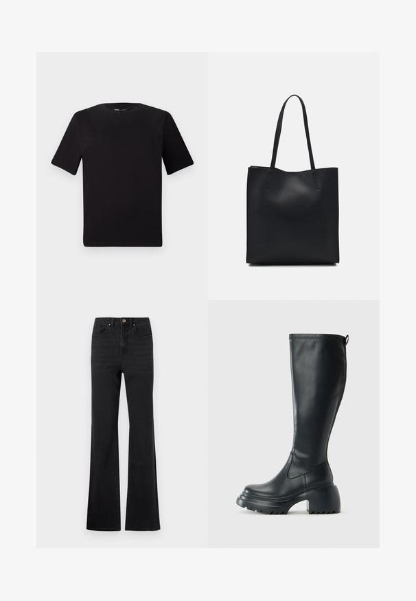 T-shirt preta de mangas curtas com decote redondo, feita de tecido de algodão suave. Design simples, sem logótipos ou padrões visíveis.; Calças de ganga pretas de cintura alta com botão frontal, passantes para cinto e pernas ligeiramente largas, em fundo branco.; Bota preta de couro alta com sola de plataforma robusta e salto bloco, apresentando puxador e padrão texturizado na sola.; Bolsa tote preta em couro com textura lisa, forma retangular e duas alças longas. Sem hardware ou enfeites visíveis.