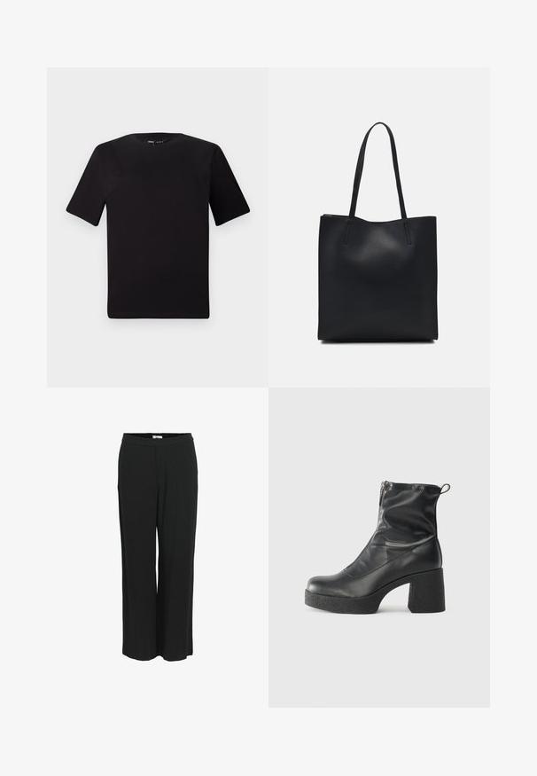 Sort kortærmet t-shirt med rund halsudskæring, lavet af blødt bomuldsstof. Enkel design, ingen synlige logoer eller mønstre.; Bredde ben, sorte bukser lavet af et let materiale. Har en elastisk talje og en glat tekstur. Ingen lommer eller synlige mønstre.; Sorte ankelstøvler lavet af glat læder, med en sidelukning, kraftig struktureret hæl og rundt tådesign.; Sort læder tote taske med glat tekstur, rektangulær form og to lange hanke. Ingen synlig hardware eller udsmykninger.