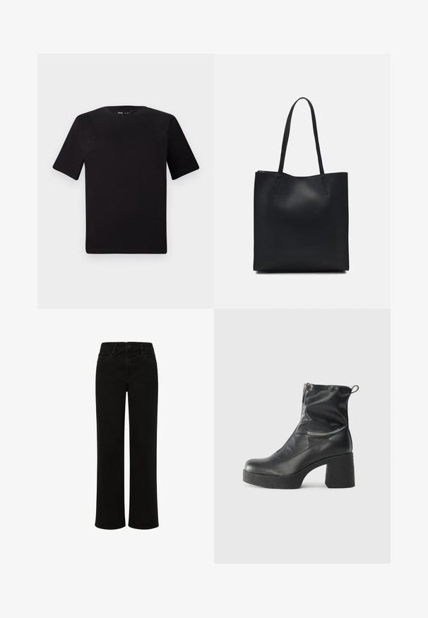 T-shirt preta de mangas curtas com decote redondo, feita de tecido de algodão suave. Design simples, sem logótipos ou padrões visíveis.; Jeans de ganga pretos, de perna reta e cintura alta, com bolsos frontais, fecho de botão e linhas limpas sem adornos.; Botas de tornozelo pretas feitas de couro liso, com fecho lateral, salto grosso texturizado e design de bico arredondado.; Bolsa tote preta em couro com textura lisa, forma retangular e duas alças longas. Sem hardware ou enfeites visíveis.