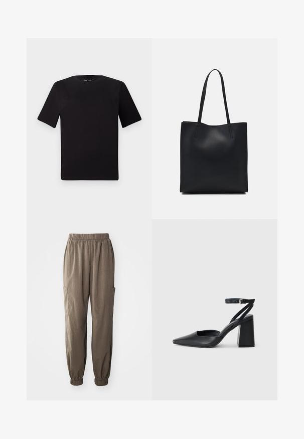 Black short-sleeve t-shirt with a round neckline, crafted from soft cotton fabric. Simple design, no visible logos or patterns.; Loose-fitting cargo pants in brown fabric, featuring elastic waistband, gathered cuffs, and side patch pockets for functionality.; Black leather pointy-toe pump with an ankle strap and a chunky heel. Flat texture, sleek design, and minimalistic aesthetics.; Black leather tote bag with smooth texture, rectangular shape, and two long handles. No visible hardware or embellishments.