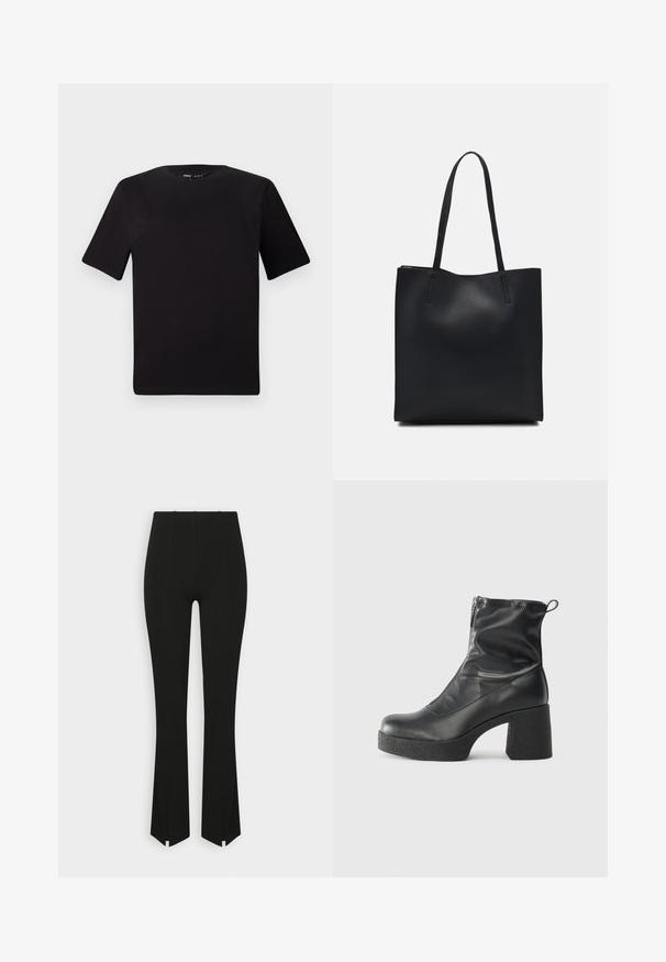 Fekete, rövid ujjú póló, kerek nyakkal, puha pamutból készült. Egyszerű dizájn, nincs látható logó vagy minta.; Fekete, harang szabású nadrág bordázott textúrával, az alján oldalsó hasítékokkal és magas derekú kialakítással. Simára szőtt anyag, látható díszítés nélkül.; Fekete bokacsizmák sima bőrből, oldalsó cipzárral, vastag, texturált sarkú és lekerekített orrú dizájnnal.; Fekete bőrtáska sima felszínnel, téglalap alakú, két hosszú füllel. Nincs látható fémkiegészítő vagy díszítés.