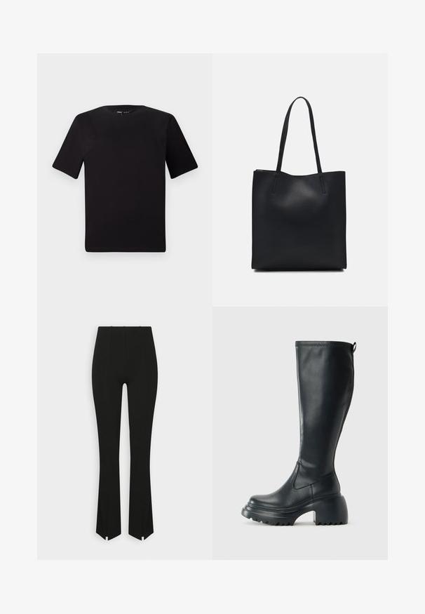 Črna majica s kratkimi rokavi in okroglim izrezom, izdelana iz mehkega bombažnega materiala. Preprost dizajn, brez vidnih logotipov ali vzorcev.; Črne široke hlače s rebrasto teksturo, z bočnimi razpoki na robu in visokim pasom. Gladka tkanina brez vidnih okrasnih elementov.; Visoka črna usnjena škornja s debelim podplatnim solejem in blok peto, opremljena s potegom in strukturiranim profilom na podplatu.; Črna usnjena torba s svilnato teksturo, pravokotne oblike in dvema dolgima ročajema. Brez vidnih metalnih delov ali okrasnih elementov.