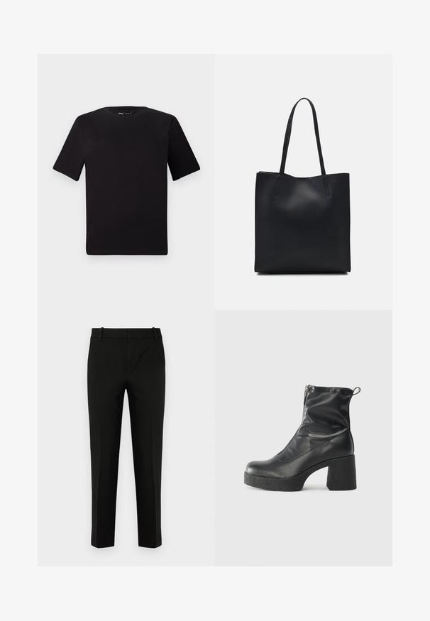 Črna majica s kratkimi rokavi in okroglim izrezom, izdelana iz mehkega bombažnega materiala. Preprost dizajn, brez vidnih logotipov ali vzorcev.; Črne hlače slim fit, z ravnim sprednjim delom, stranskimi žepi in gladko teksturo. Oblikovane z zmerno visokim pasom in ožjimi hlačnicami.; Črne gležnjarje iz gladke kože z božnim zadrgo, masivnim teksturiranim peto in zaobljeno obliko prstov.; Črna usnjena torba s svilnato teksturo, pravokotne oblike in dvema dolgima ročajema. Brez vidnih metalnih delov ali okrasnih elementov.