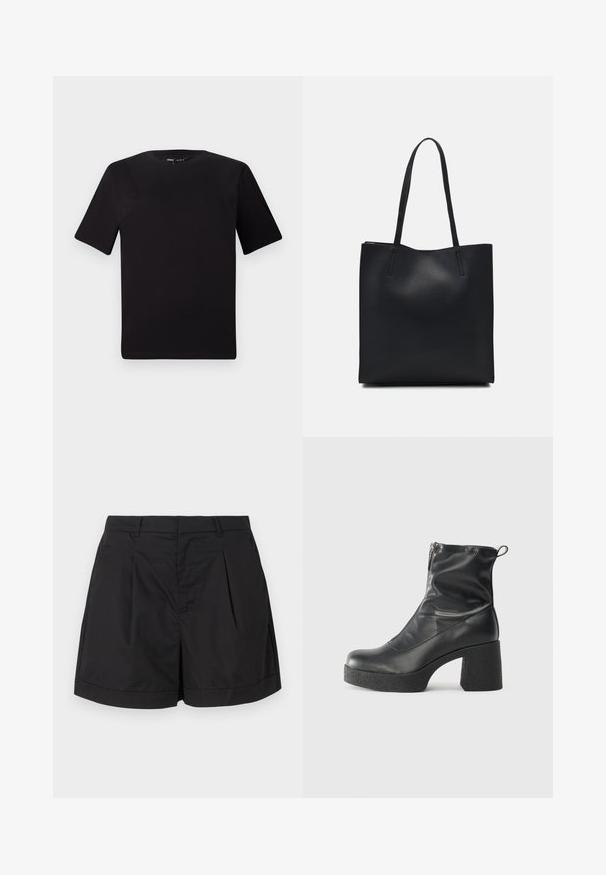 T-shirt noir à manches courtes avec un col rond, fabriqué en coton doux. Design simple, sans logos ni motifs visibles.; Shorts noirs en tissu léger et lisse. Ils présentent des plis à l'avant, une silhouette ajustée et un ourlet à revers.; Bottes noires à la cheville en cuir lisse, dotées d'une fermeture éclair sur le côté, d'un talon épais texturé et d'une conception à bout rond.; Sac fourre-tout en cuir noir avec une texture lisse, de forme rectangulaire et deux longues poignées. Pas de matériel ou d'ornementations visibles.