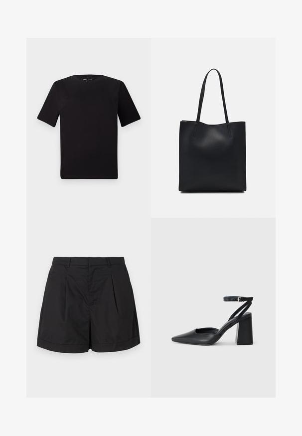 Black short-sleeve t-shirt with a round neckline, crafted from soft cotton fabric. Simple design, no visible logos or patterns.; Black shorts made from a lightweight, smooth fabric. Features pleats at the front, a tailored silhouette, and a rolled cuff at the hem.; Black leather pointy-toe pump with an ankle strap and a chunky heel. Flat texture, sleek design, and minimalistic aesthetics.; Black leather tote bag with smooth texture, rectangular shape, and two long handles. No visible hardware or embellishments.