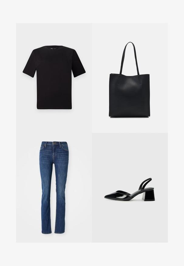 Fekete, rövid ujjú póló, kerek nyakkal, puha pamutból készült. Egyszerű dizájn, nincs látható logó vagy minta.; Kék egyenes lábú farmer, enyhe kopással, elülső zsebekkel, övhurkokkal és gombos zárással, fehér háttér előtt.; Fekete lakk bőr szandálkés magas sarkú cipő, hegyes orral és geometrikus tömbsarkakkal. Karcsú, minimalista dizájn és sima textúra jellemzi.; Fekete bőrtáska sima felszínnel, téglalap alakú, két hosszú füllel. Nincs látható fémkiegészítő vagy díszítés.