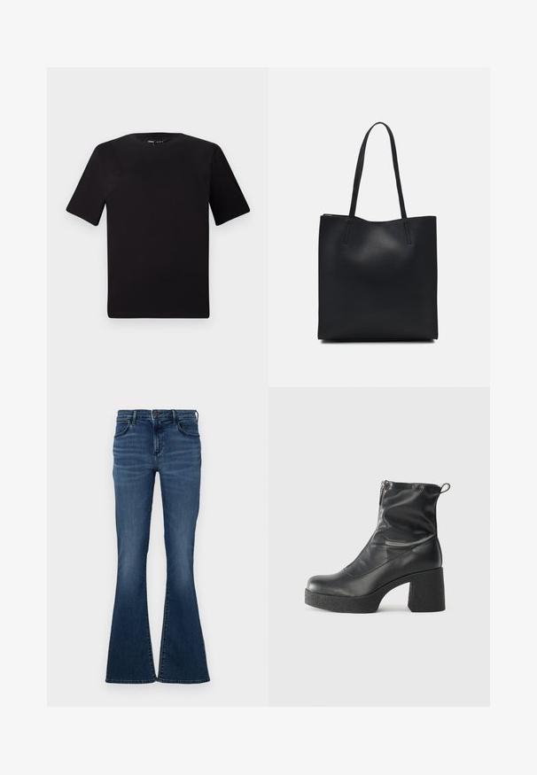T-shirt noir à manches courtes avec un col rond, fabriqué en coton doux. Design simple, sans logos ni motifs visibles.; Jean évasé bleu foncé avec un design à cinq poches, en denim, une taille avec une fermeture à bouton, et une légère décoloration sur le devant.; Bottes noires à la cheville en cuir lisse, dotées d'une fermeture éclair sur le côté, d'un talon épais texturé et d'une conception à bout rond.; Sac fourre-tout en cuir noir avec une texture lisse, de forme rectangulaire et deux longues poignées. Pas de matériel ou d'ornementations visibles.