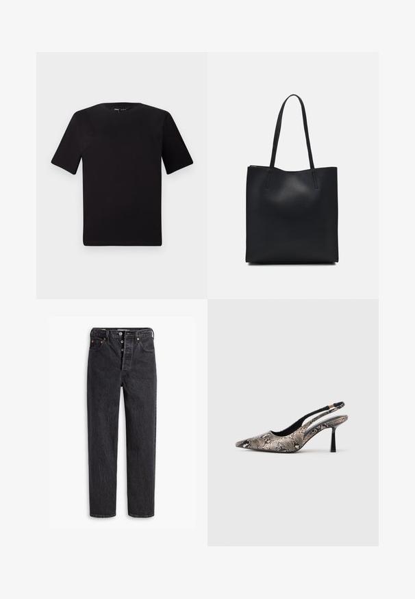 Melnas īsām piedurknēm T-krekls ar apaļu kakla izgriezumu, izgatavots no mīksta kokvilnas auduma. Vienkāršs dizains, bez redzamām logo vai rakstiem.; Melna denima bikses ar taisnu kāju, ar pogu aizdari, vara apdari un smalku tekstūru. Klasisks piecu kabatu dizains.; Punktēti purngalu slingback apavi, kas izgatavoti no teksturētas čūsku drukas materiāla, ar plānu melnu papēdi un izgriezumu dizainu sānos.; Melnas ādas somiņa ar gludu tekstūru, taisnstūra formu un divām garām rokturiem. Nav redzamu aparatūras vai rotājumu.