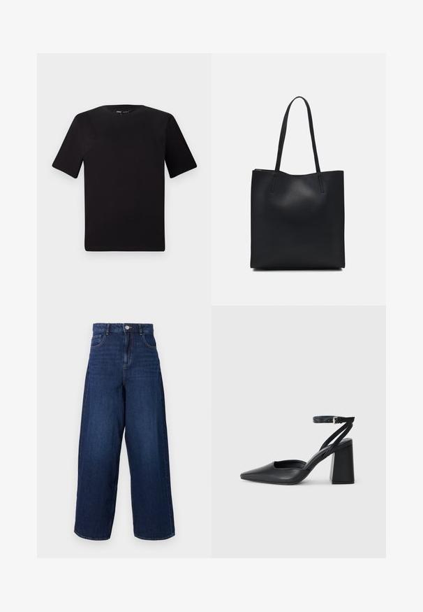 T-shirt preta de mangas curtas com decote redondo, feita de tecido de algodão suave. Design simples, sem logótipos ou padrões visíveis.; Calças de ganga de perna larga em azul escuro com cintura alta, cinco bolsos e fecho de botão. O tecido tem uma textura suave com um desvanecimento subtil.; Sandal com biqueira afilada em couro preto, com cinta no tornozelo e salto grosso. Textura lisa, design elegante e estética minimalista.; Bolsa tote preta em couro com textura lisa, forma retangular e duas alças longas. Sem hardware ou enfeites visíveis.