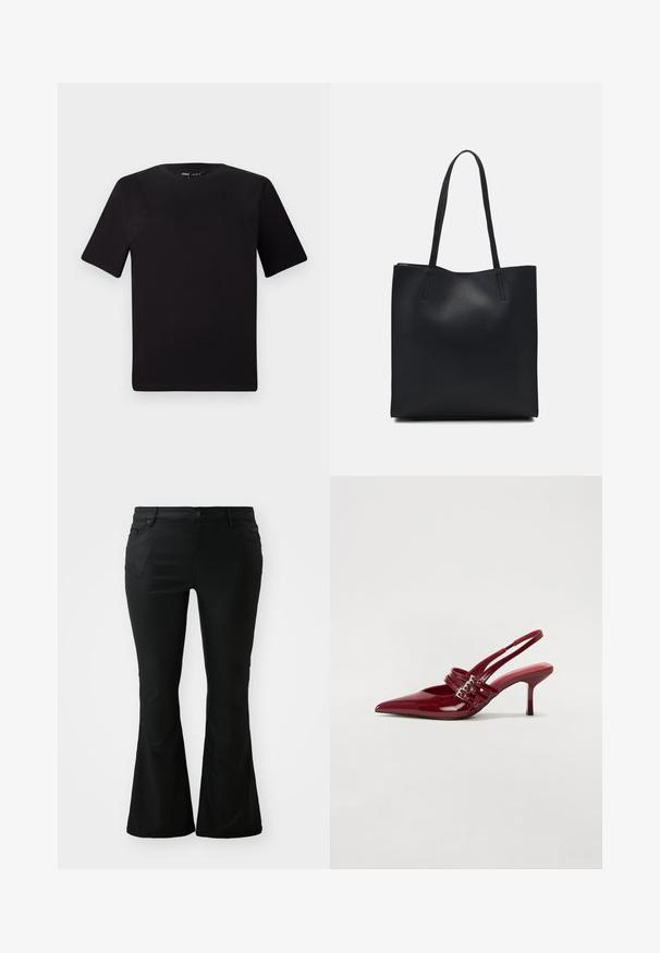 Black short-sleeve t-shirt with a round neckline, crafted from soft cotton fabric. Simple design, no visible logos or patterns.; Black flared pants made of smooth fabric. Features front pockets, a button fly, and a fitted waist that expands into a flared leg.; Red patent leather slingback heels with a pointed toe, two buckle straps, and a slim, mid-height stiletto heel. Smooth texture.; Black leather tote bag with smooth texture, rectangular shape, and two long handles. No visible hardware or embellishments.