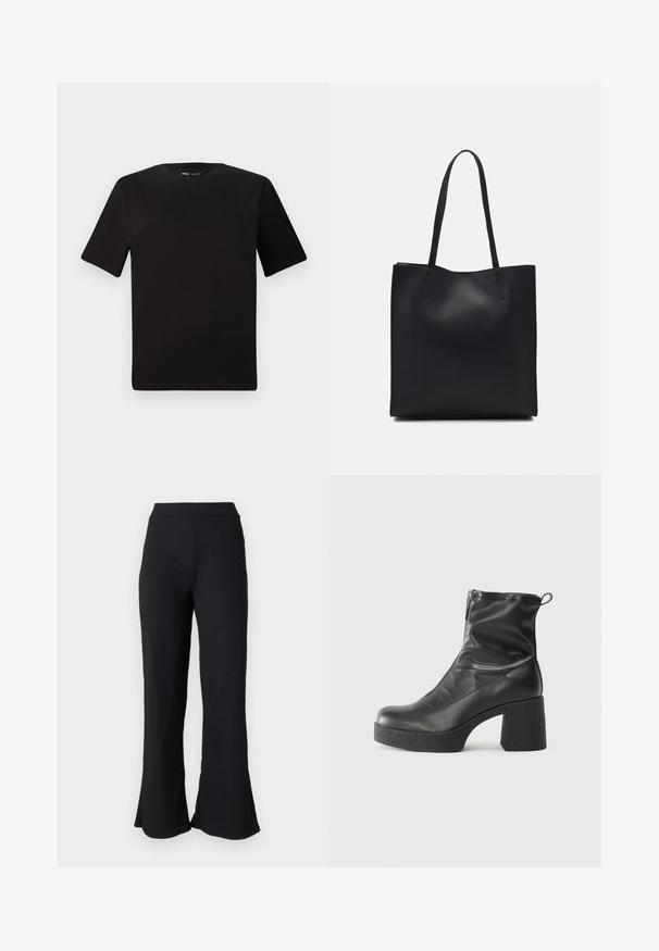 Black short-sleeve t-shirt with a round neckline, crafted from soft cotton fabric. Simple design, no visible logos or patterns.; Black, textured flared pants with a fitted waistband. The fabric features subtle ribbing, flaring out at the hem for a relaxed fit.; Black ankle boots made of smooth leather, featuring a side zipper, chunky textured heel, and rounded toe design.; Black leather tote bag with smooth texture, rectangular shape, and two long handles. No visible hardware or embellishments.