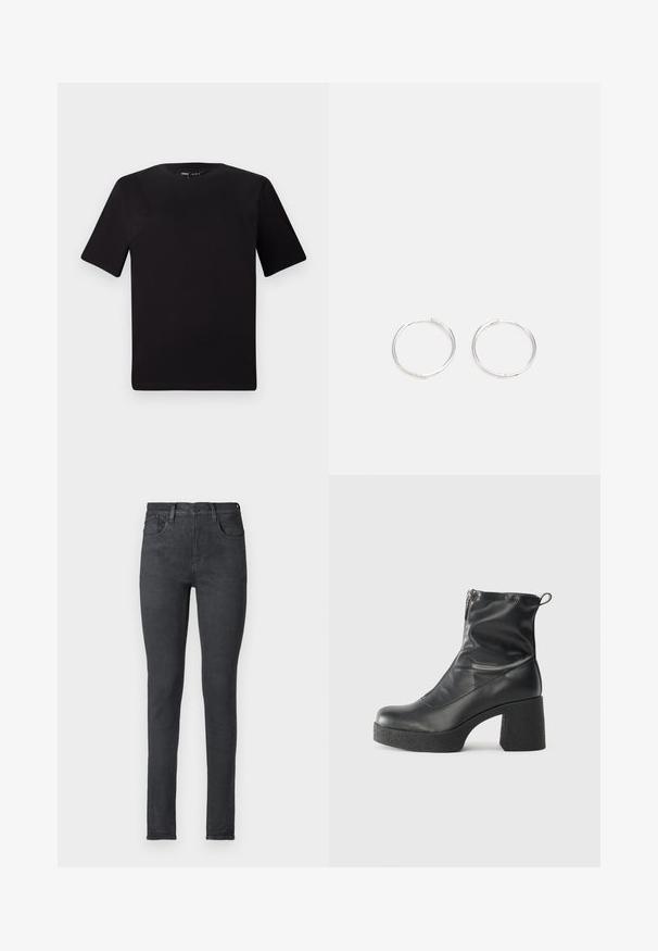 Fekete, rövid ujjú póló, kerek nyakkal, puha pamutból készült. Egyszerű dizájn, nincs látható logó vagy minta.; Fekete farmer skinny farmernadrág közepes derékszabással, öt zsebből és cipzáros záródással. Simább textúrával és formázott szilhuettal.; Fekete bokacsizmák sima bőrből, oldalsó cipzárral, vastag, texturált sarkú és lekerekített orrú dizájnnal.; Ezüst karika fülbevalók, letisztult, kerek formával, sima felülettel és látható díszítés nélkül. A átmérő nem megadott.
