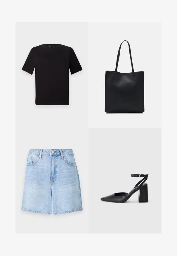 T-shirt preta de mangas curtas com decote redondo, feita de tecido de algodão suave. Design simples, sem logótipos ou padrões visíveis.; Shorts de ganga azul claro com um corte descontraído, apresentando detalhes brilhantes e um design clássico de cinco bolsos. A bainha é crua e ligeiramente desgastada.; Sandal com biqueira afilada em couro preto, com cinta no tornozelo e salto grosso. Textura lisa, design elegante e estética minimalista.; Bolsa tote preta em couro com textura lisa, forma retangular e duas alças longas. Sem hardware ou enfeites visíveis.