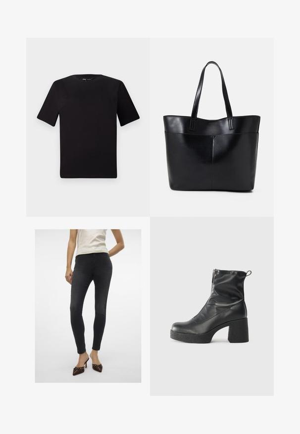 Juodas trumpas rankovės marškinėlis su apvaliu iškirpimu, pagamintas iš minkštos medvilnės medžiagos. Paprastas dizainas, be matomų logotipų ar raštų.; Juodi minkšti džinsai, aukštu juosmeniu ir siauru siluetu. Dėvimi su rudos spalvos šlepetėmis, kurios puošia dekoratyvinis kaspinėlis ir kalnų krištolai.; Juodos kulkšninių botai, pagaminti iš lygaus odos, su šoniniu užtrauktuku, masyviu tekstūruotu kulnu ir apvaliu pirštu.; Juoda odinė rankinė su dviem ilgais diržais, lygiu paviršiumi ir struktūrizuota forma. Yra priekinė kišenė papildomam saugojimui.