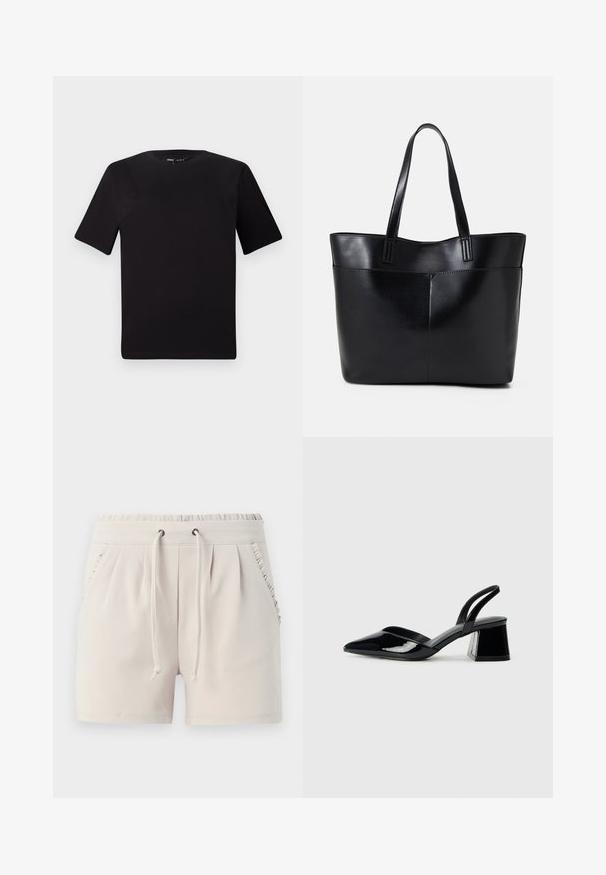 Fekete, rövid ujjú póló, kerek nyakkal, puha pamutból készült. Egyszerű dizájn, nincs látható logó vagy minta.; Világos bézs színű, rugalmas derekú rövidnadrág, zsinórral, oldalsó zsebekkel és fodros részletekkel a zsebek szélén. Lágy anyagú textúra.; Fekete lakk bőr szandálkés magas sarkú cipő, hegyes orral és geometrikus tömbsarkakkal. Karcsú, minimalista dizájn és sima textúra jellemzi.; Fekete bőr bevásárlótáska két hosszú fogantyúval, sima felülettel és strukturált formával. Elülső zseb található rajta a plusz tárolás érdekében.