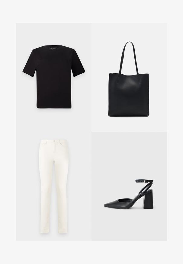 Black short-sleeve t-shirt with a round neckline, crafted from soft cotton fabric. Simple design, no visible logos or patterns.; White denim jeans with a straight leg, high waist, front pockets, and a single button closure. Smooth texture, minimal stitching details.; Black leather pointy-toe pump with an ankle strap and a chunky heel. Flat texture, sleek design, and minimalistic aesthetics.; Black leather tote bag with smooth texture, rectangular shape, and two long handles. No visible hardware or embellishments.