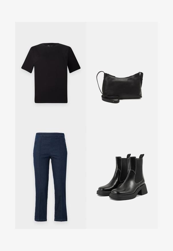 Camiseta negra de manga corta con cuello redondo, fabricada en suave algodón. Diseño simple, sin logos ni patrones visibles.; Pantalones de denim azul oscuro con corte recto, que cuentan con costuras en contraste, bolsillos laterales y un dobladillo que se ensancha ligeramente en la parte inferior.; Botas Chelsea de cuero negro con tacón grueso, paneles laterales elásticos y costuras en blanco que contrastan. Acabado texturizado.; Bolso de hombro de cuero negro con una textura suave, forma curvada, correa ajustable y cierre con cremallera. Diseño minimalista sin adornos.