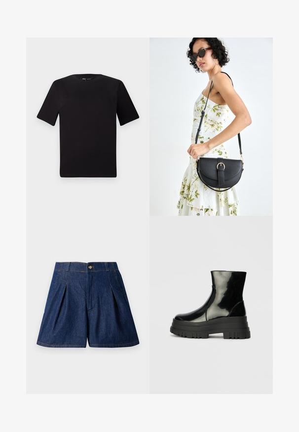 Must olema lühikeste varrukatega must t-särk ümmarguse kaelusega, valmistatud pehmest puuvillast kangast. Lihtne disain, ilma nähtavate logode või mustriteta.; Tumed sinised denim lühikesed püksid, millel on voldid, nööbiga lukustus ja küljetaskud. Omab nähtavat õmblust ja siledat tekstuuri.; Must mustakate läikiv ankle boot paksu lõkkeka üle ja ümarate varvastega, külgvaates halli ühtlase taustal.; Mustmust mustraha kõverate joontega, eemaldatava rihmaga ja kuldsete detailidega. Kotil on klapp, millel on pandladetail.