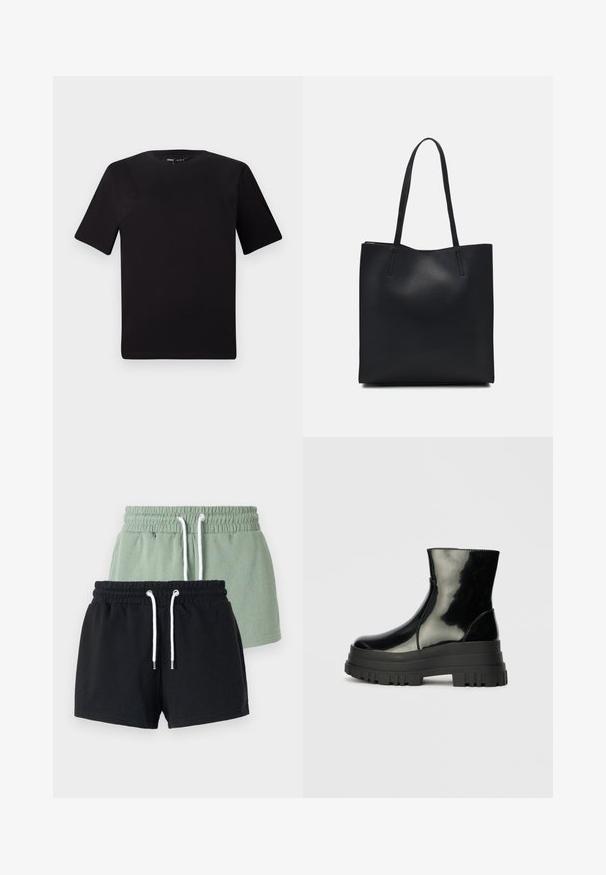 T-shirt preta de mangas curtas com decote redondo, feita de tecido de algodão suave. Design simples, sem logótipos ou padrões visíveis.; Duas calças curtas: uma verde-claro e uma preta. Ambas apresentam um cós elástico, cordão e são feitas de um suave tecido de algodão.; Bota de tornozelo preta e brilhante com sola grossa e arredondada, vista lateral sobre fundo cinza claro.; Bolsa tote preta em couro com textura lisa, forma retangular e duas alças longas. Sem hardware ou enfeites visíveis.