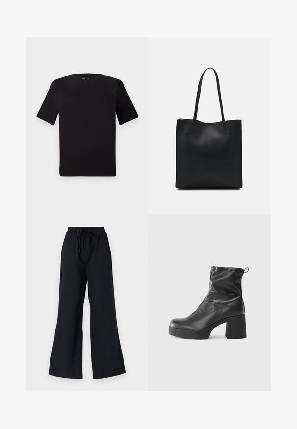 Črna majica s kratkimi rokavi in okroglim izrezom, izdelana iz mehkega bombažnega materiala. Preprost dizajn, brez vidnih logotipov ali vzorcev.; Črne široke hlače iz lahkega materiala, opremljene z elastičnim pasom in vrvico ter gladko teksturo.; Črne gležnjarje iz gladke kože z božnim zadrgo, masivnim teksturiranim peto in zaobljeno obliko prstov.; Črna usnjena torba s svilnato teksturo, pravokotne oblike in dvema dolgima ročajema. Brez vidnih metalnih delov ali okrasnih elementov.