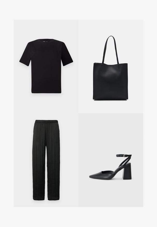 Juodas trumpas rankovės marškinėlis su apvaliu iškirpimu, pagamintas iš minkštos medvilnės medžiagos. Paprastas dizainas, be matomų logotipų ar raštų.; GAP CRINKLE PULL ON - Kelnės - black; Juoda odinė smailiagalė aukštakulnio bateliai su kulkšnies dirželiu ir storu kulnu. Lygus paviršius, elegantiškas dizainas ir minimalistiška estetinė. ; Juodas odinis tote krepšys su lygia tekstūra, stačiakampio formos ir dviem ilgais rankenomis. Matomų metalinių detalių ar puošybos nėra.