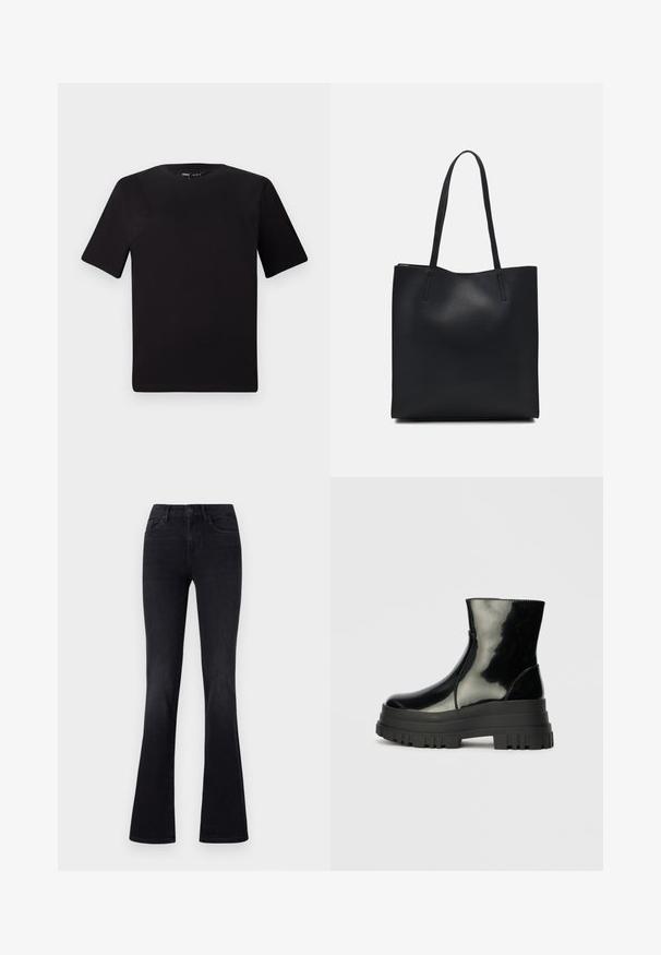 T-shirt nera a maniche corte con scollatura rotonda, realizzata in morbido cotone. Design semplice, senza loghi o motivi visibili.; Jeans neri a gamba larga realizzati in denim, con vita a media altezza, tasche frontali e chiusura con bottone logo standard. Tessuto liscio, design classico.; Stivale nero lucido alla caviglia con suola spessa e tonda, vista laterale su sfondo grigio chiaro uniforme.; Borsa tote in pelle nera con texture liscia, forma rettangolare e due manici lunghi. Nessun hardware o decorazione visibile.