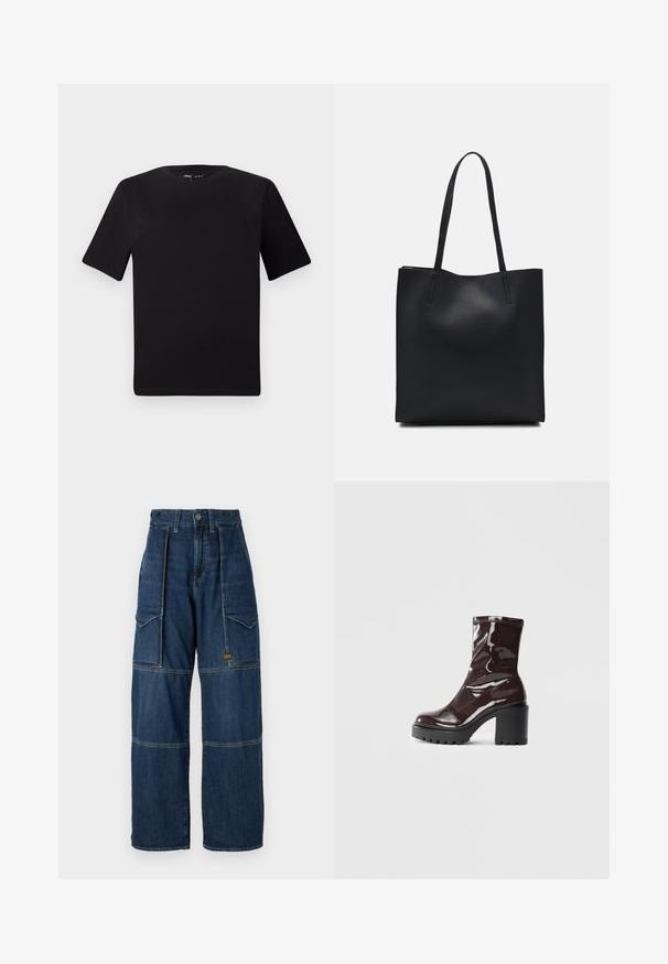 Svart t-skjorte med korte ermer og rund hals, laget av mykt bomullsstoff. Enkelt design, ingen synlige logoer eller mønstre.; Mørkeblå denim cargo-bukser med vid benstruktur, synlig søm, to frontlommer og et lite logopatch på siden.; Glinsende burgunder ankelstøvel med en kraftig svart hæl, med en glatt tekstur og enkelt design. Ingen synlige lukkinger eller mønstre.; Svart lær tote bag med glatt tekstur, rektangulær form og to lange håndtak. Ingen synlige deler eller dekorasjoner.