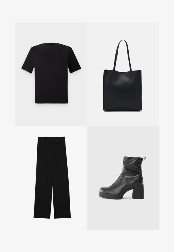 Čierne tričko s krátkym rukávom a okrúhlym výstrihom, vyrobené z mäkkej bavlny. Jednoduchý dizajn, bez viditeľných log alebo vzorov.; Čierne široké nohavice s volánovým pásom, obsahujúce dve bočné vrecká a hladký, ľahký materiál. Žiadne viditeľné vzory ani kovové príslušenstvo.; Čierne členkové topánky z hladkej kože, so bočným zipsom, robustnou textúrovanou pätnou časťou a zaobleným dizajnom špičky.; Čierna kožená taška na rameno s hladkým povrchom, obdĺžnikovým tvarom a dvoma dlhými uchami. Bez viditeľného kovania alebo ozdôb.