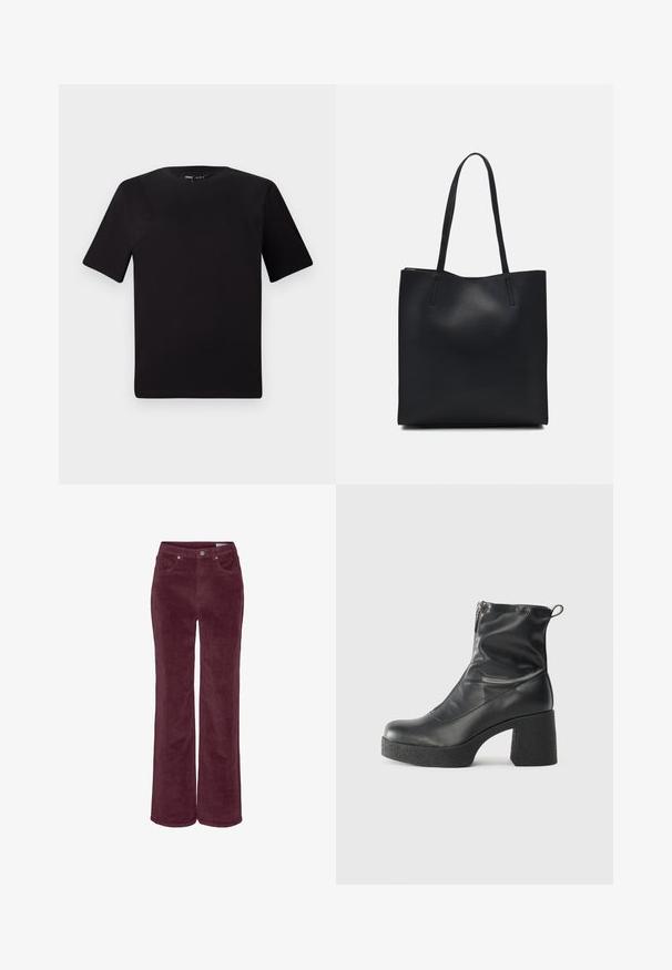 Fekete, rövid ujjú póló, kerek nyakkal, puha pamutból készült. Egyszerű dizájn, nincs látható logó vagy minta.; Széles szárú kordbársony nadrág mély borvörös színben. Elöl zsebekkel és övbújtatókkal rendelkezik, texturált anyagú kivitelben.; Fekete bokacsizmák sima bőrből, oldalsó cipzárral, vastag, texturált sarkú és lekerekített orrú dizájnnal.; Fekete bőrtáska sima felszínnel, téglalap alakú, két hosszú füllel. Nincs látható fémkiegészítő vagy díszítés.