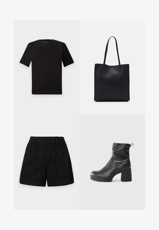 Must olema lühikeste varrukatega must t-särk ümmarguse kaelusega, valmistatud pehmest puuvillast kangast. Lihtne disain, ilma nähtavate logode või mustriteta.; Mustra mustrid mustriga elastse vöökoha ja nupuv closing'ga mustad puuvillased shorts, millel on kaks eesmise taskut ja sirge lõige. Sile tekstuur.; Mustad mustad ansapüksid, mis on valmistatud siledast nahast, külje zipperiga, paksu tekstuuriga kontsaga ja ümmarguse nina disainiga.; Mustast nahast kott sujuva tekstuuriga, ristkülikukujuline ja kahe pika sangaga. Pole nähtavat riistvara ega kaunistusi.