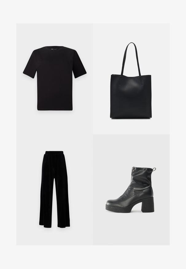Black short-sleeve t-shirt with a round neckline, crafted from soft cotton fabric. Simple design, no visible logos or patterns.; Black wide-leg trousers made of soft velvet, featuring an elastic waistband and a smooth texture, with no visible detailing or patterns.; Black ankle boots made of smooth leather, featuring a side zipper, chunky textured heel, and rounded toe design.; Black leather tote bag with smooth texture, rectangular shape, and two long handles. No visible hardware or embellishments.