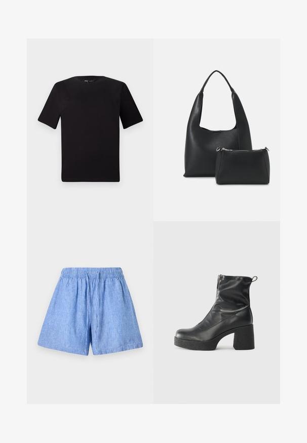 Crna majica kratkih rukava s okruglim izrezom, izrađena od mekane pamučne tkanine. Jednostavan dizajn, bez vidljivih logotipa ili uzoraka.; Svijetloplave šortse izrađene od pamuka s okomitim bijelim prugama. Imaju elastičnu struk i labav, opušteni kroj.; Crne gležnjače od glatke kože, s bočnim zatvaračem, debelim teksturiranim potplatom i dizajnom s zaobljenim prstima.; Even&Odd Ručna torba - black