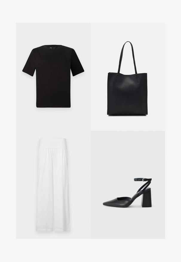 Juodas trumpas rankovės marškinėlis su apvaliu iškirpimu, pagamintas iš minkštos medvilnės medžiagos. Paprastas dizainas, be matomų logotipų ar raštų.; Balti plačios kojų kelnės su aukštu, elastingu juosmeniu. Pagamintos iš lengvos, tekstūruotos medžiagos. Be matomų raštų ar puošmenų.; Juoda odinė smailiagalė aukštakulnio bateliai su kulkšnies dirželiu ir storu kulnu. Lygus paviršius, elegantiškas dizainas ir minimalistiška estetinė. ; Juodas odinis tote krepšys su lygia tekstūra, stačiakampio formos ir dviem ilgais rankenomis. Matomų metalinių detalių ar puošybos nėra.