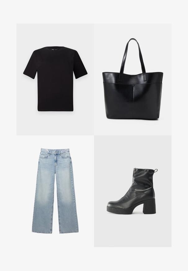 Fekete, rövid ujjú póló, kerek nyakkal, puha pamutból készült. Egyszerű dizájn, nincs látható logó vagy minta.; Világoskék, bő szabású farmernadrág. Öt zsebbe, övhurkokkal és gombos zárással rendelkezik. Halványított mosás, szolid koptatással.; Fekete bokacsizmák sima bőrből, oldalsó cipzárral, vastag, texturált sarkú és lekerekített orrú dizájnnal.; Fekete bőr bevásárlótáska két hosszú fogantyúval, sima felülettel és strukturált formával. Elülső zseb található rajta a plusz tárolás érdekében.