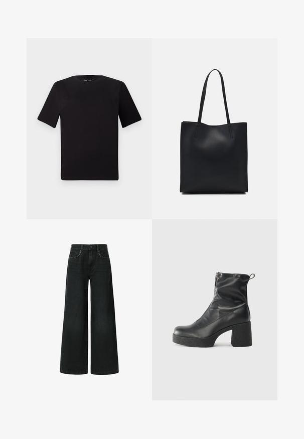 Juodas trumpas rankovės marškinėlis su apvaliu iškirpimu, pagamintas iš minkštos medvilnės medžiagos. Paprastas dizainas, be matomų logotipų ar raštų.; Plati juodi džinsai, pagaminti iš džinsinio audinio, turintys klasikinį penkių kišenėlių dizainą ir dekoratyvinius smeigtukus šalia priekinės kišenės.; Juodos kulkšninių botai, pagaminti iš lygaus odos, su šoniniu užtrauktuku, masyviu tekstūruotu kulnu ir apvaliu pirštu.; Juodas odinis tote krepšys su lygia tekstūra, stačiakampio formos ir dviem ilgais rankenomis. Matomų metalinių detalių ar puošybos nėra.