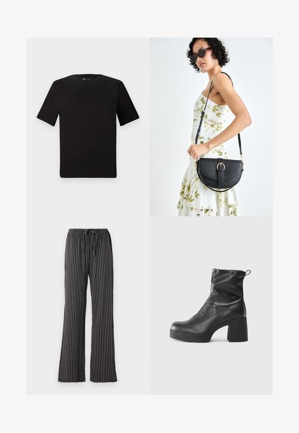 Crna majica kratkih rukava s okruglim izrezom, izrađena od mekane pamučne tkanine. Jednostavan dizajn, bez vidljivih logotipa ili uzoraka.; Prugaste pidžama hlače u crnoj i bijeloj boji, s remenom za podešavanje u struku, širokim nogavicama i mekanim, teksturiranim materijalom s vertikalnim linijama.; Crne gležnjače od glatke kože, s bočnim zatvaračem, debelim teksturiranim potplatom i dizajnom s zaobljenim prstima.; Crna kožna torba s lukovitim oblikom, odvojivim remenom i zlatnim detaljima. Torba ima preklop s kopčom.