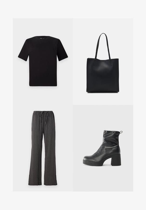 Black short-sleeve t-shirt with a round neckline, crafted from soft cotton fabric. Simple design, no visible logos or patterns.; Striped pajama pants in black and white, featuring a drawstring waist, wide legs, and a soft, textured fabric with vertical lines.; Black ankle boots made of smooth leather, featuring a side zipper, chunky textured heel, and rounded toe design.; Black leather tote bag with smooth texture, rectangular shape, and two long handles. No visible hardware or embellishments.