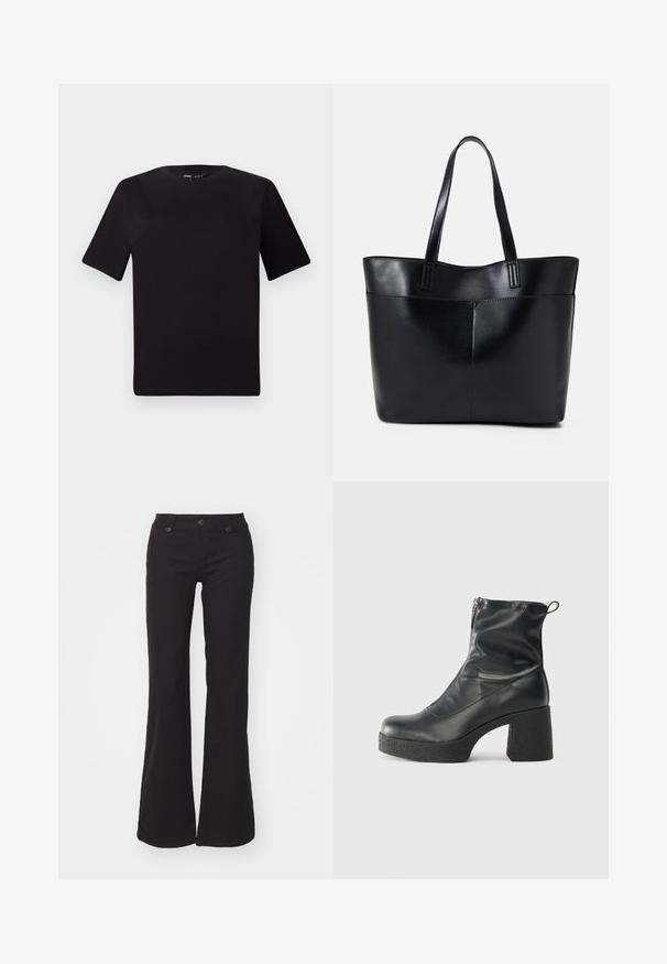 T-shirt nera a maniche corte con scollatura rotonda, realizzata in morbido cotone. Design semplice, senza loghi o motivi visibili.; Pantaloni neri a zampa d'elefante realizzati in cotone con chiusura zip e due bottoni, dotati di tasche frontali e una texture liscia. Design semplice e versatile.; Stivali neri alla caviglia in pelle liscia, con zip laterale, tacco spesso e texture, e punta arrotondata.; Borsa a tracolla in pelle nera con due manici lunghi, una texture liscia e una forma strutturata. Presenta una tasca frontale per ulteriore spazio di archiviazione.